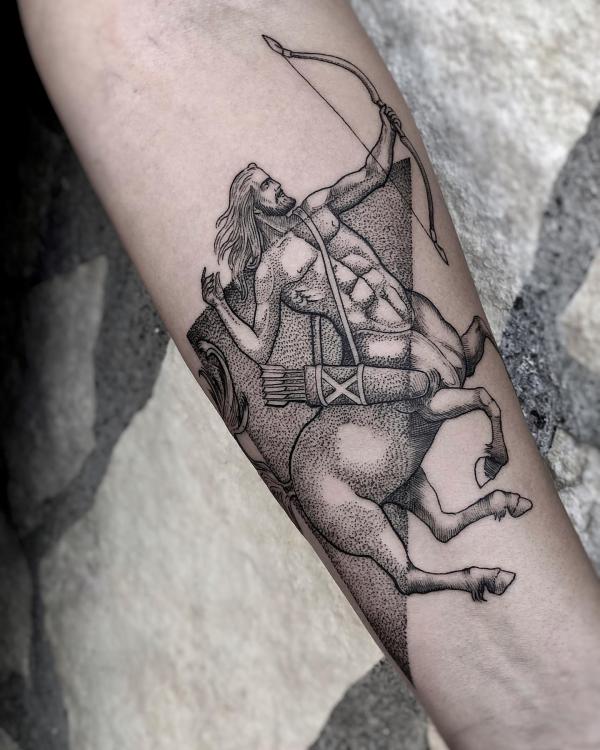 Dotwork sagittarius centaur tattoo