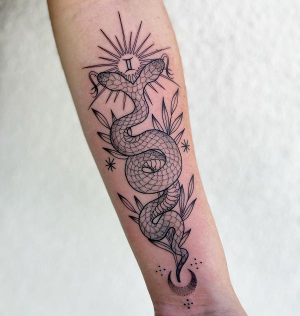 Double head snake with gemini glyph and crescent moon tattoo