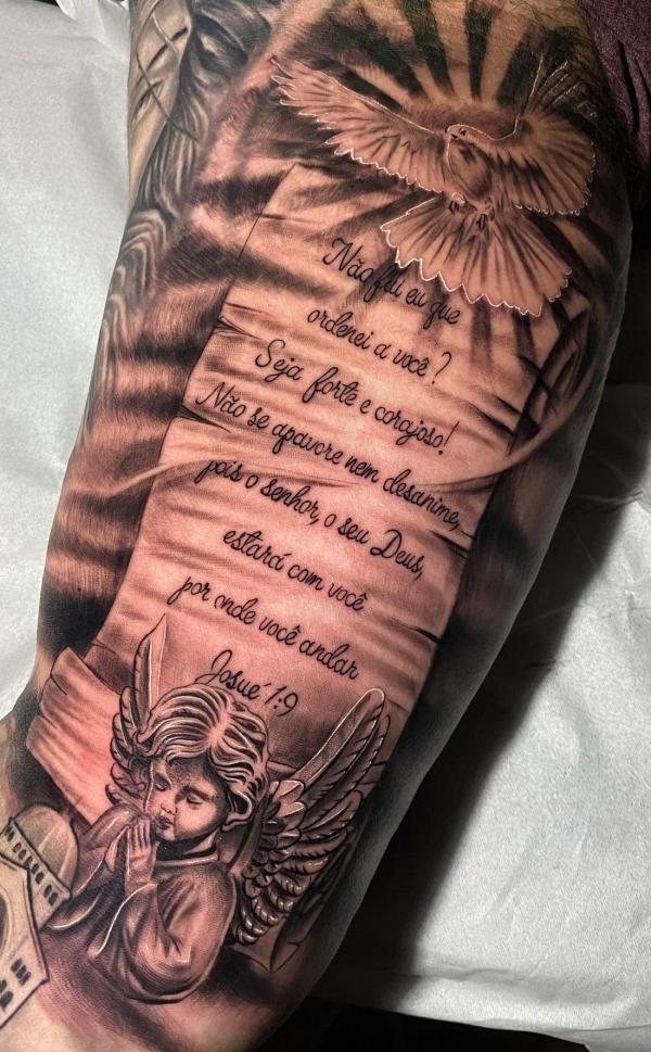 Dove with Bible Verse and cherub christian tattoo