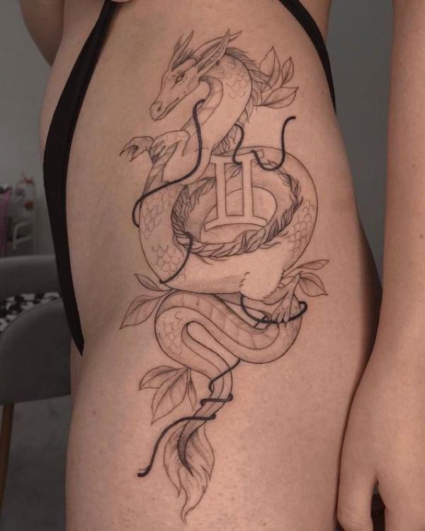 Dragon with Gemini sign tattoo