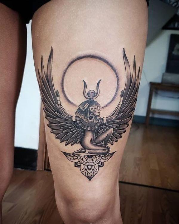 Egyptian Goddess ISIS above knee tattoo