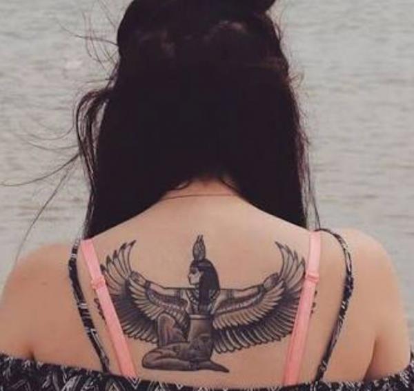 Egyptian Goddess Maat tattoo on back