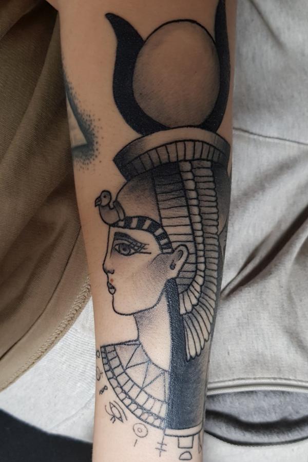 Egyptian goddess Hathor tattoo sleeve