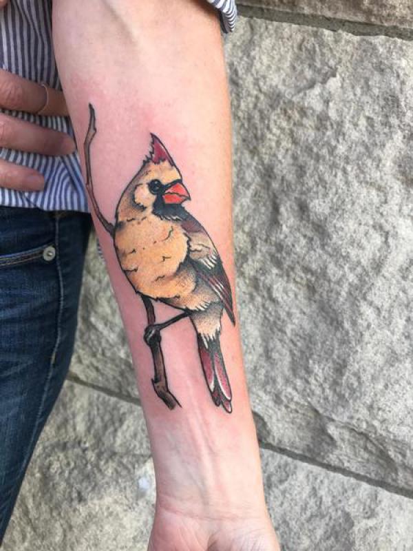 Female cardinal forearm tattoo