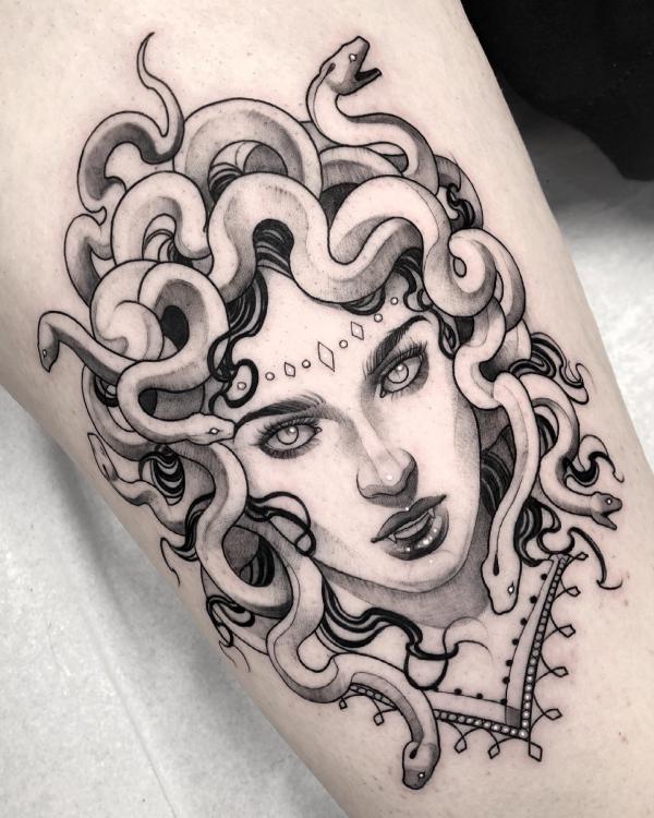 Feminine Medusa tattoo black and grey