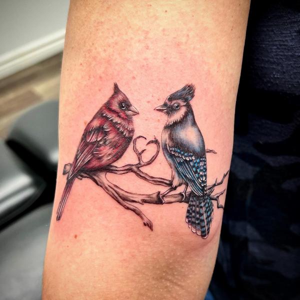 Feminine cardinal and blue jay tattoo