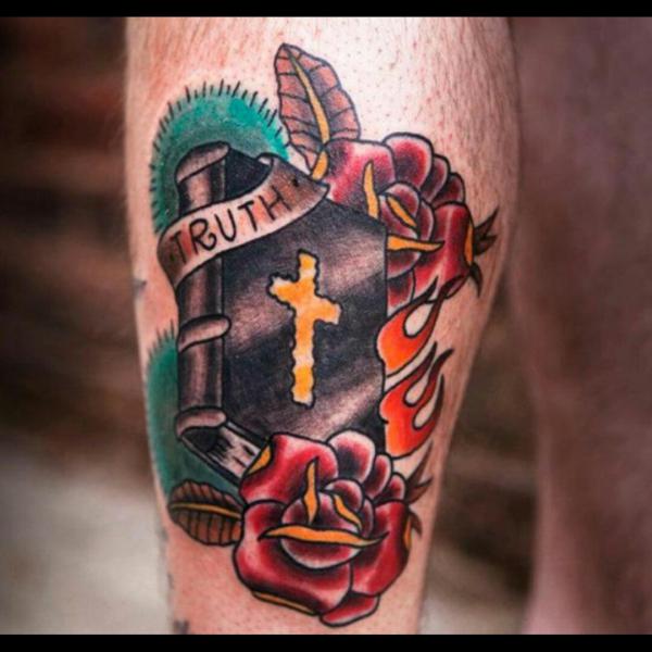 Flaming bible with rose tattoo traditional