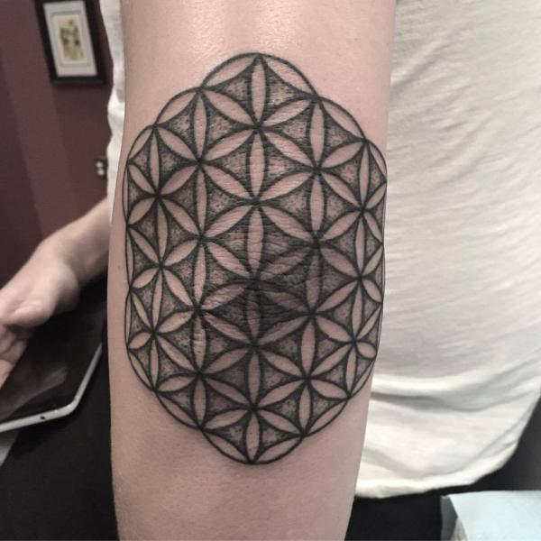 Flower of life elbow tattoo black and white