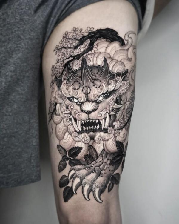 Foo dog and Cherry blossom tattoo black and white