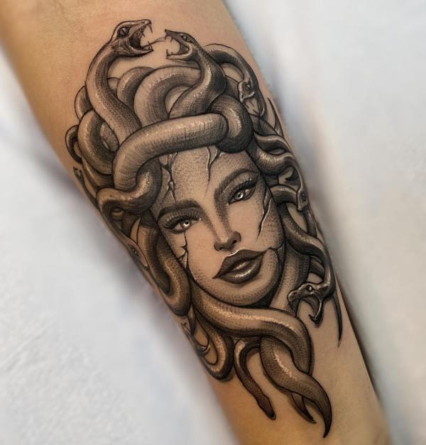 Forearm Medusa tattoo greyscale