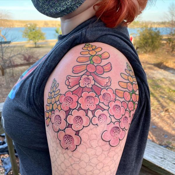 Foxglove shoulder tattoo