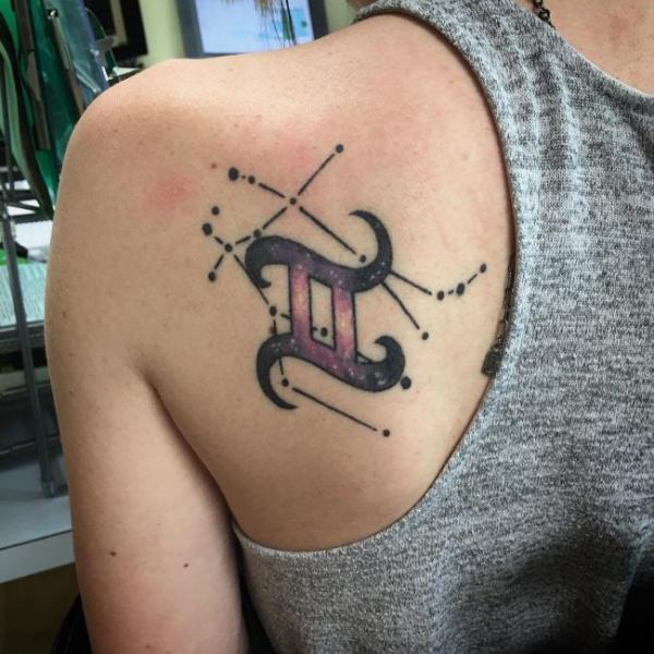 Galaxy Gemini glyph and constellation shoulder blade tattoo