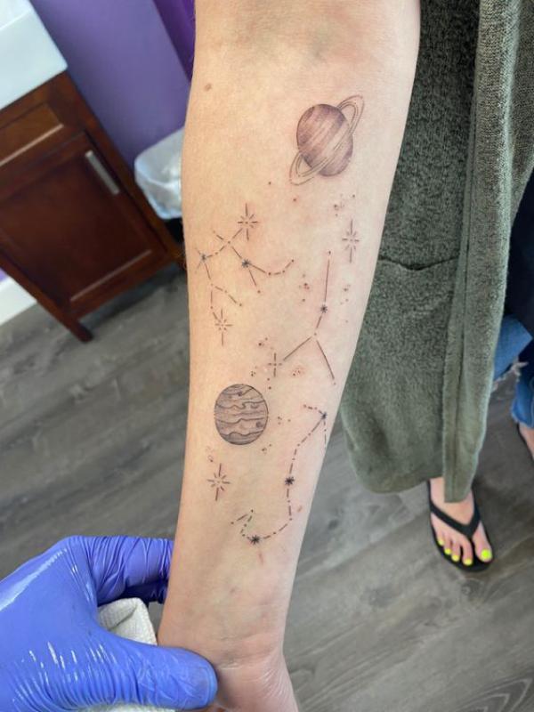 Gemini and Cancer constellation with Mercury and moon tattoo
