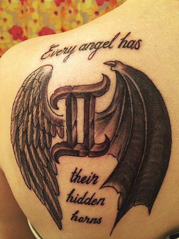 Gemini angel and devil tattoo with quote Every Angel has their hidden horns