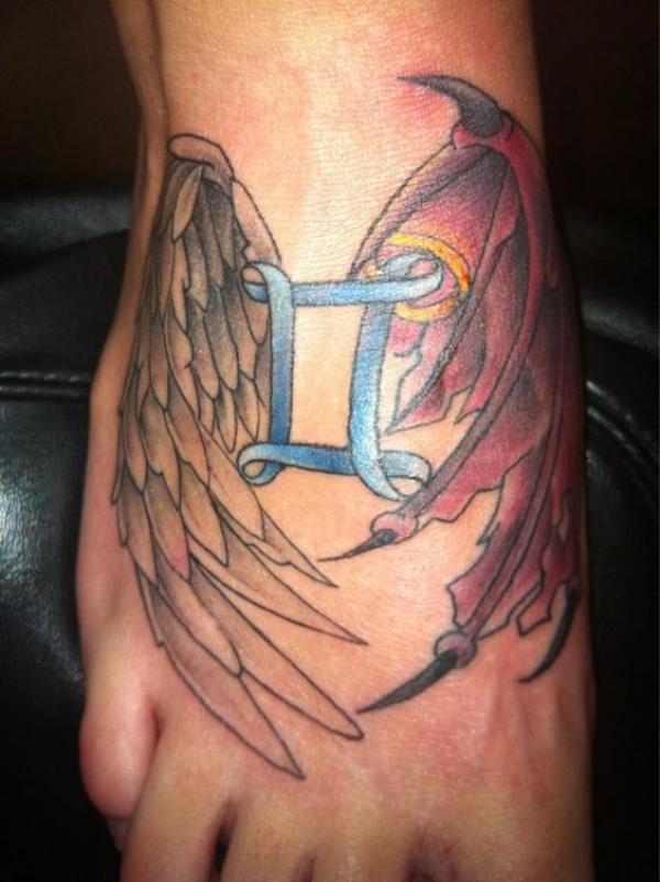 Gemini angel and devil wings foot tattoo