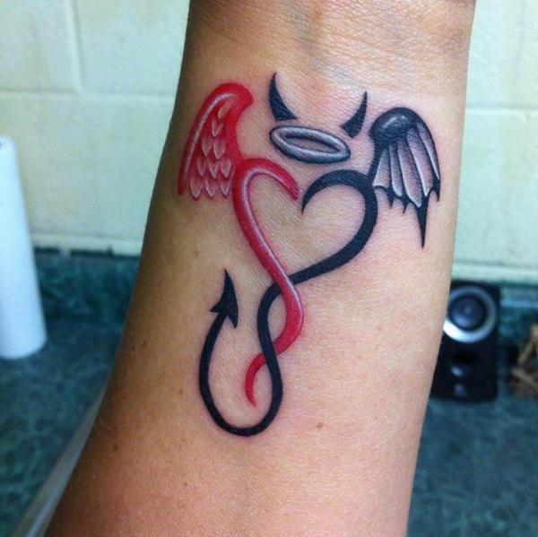Gemini angel and devil wings with heart and halo tattoo