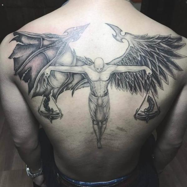 Gemini angel and devil with libra scales tattoo