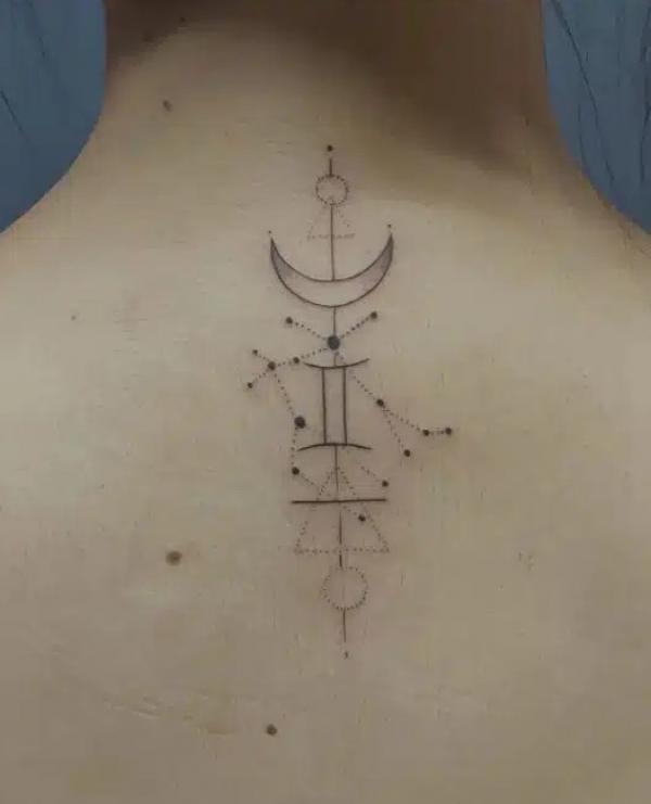 Gemini glyph and constellation with crescent moon tattoo