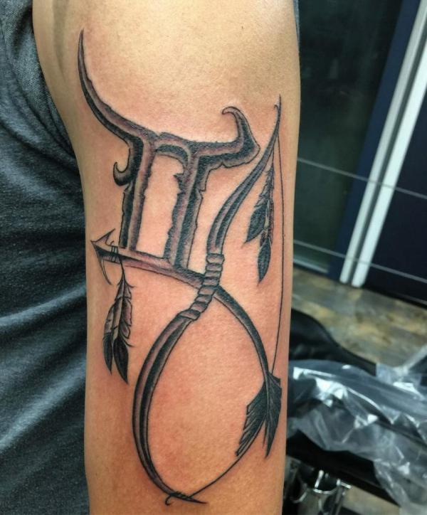 Gemini glyph with Sagittarius bow and arrow tattoo