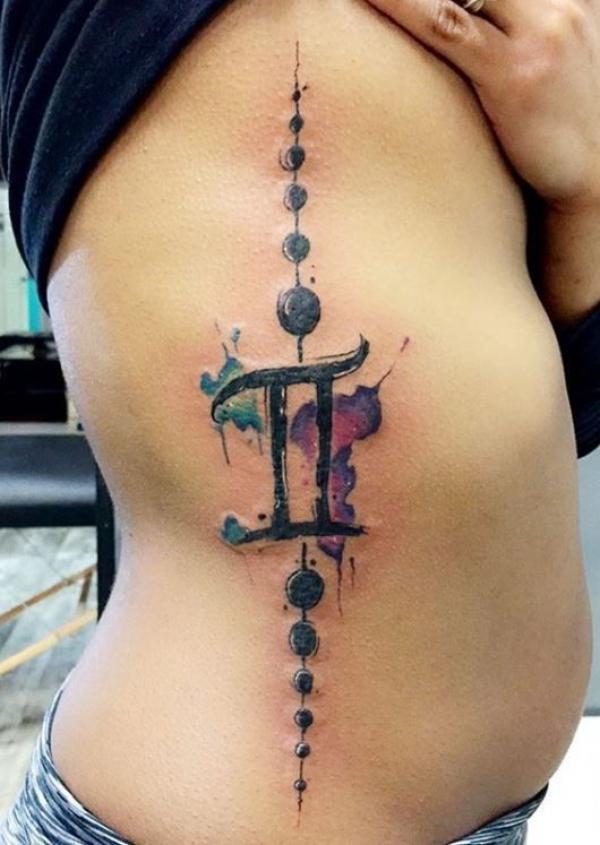Gemini glyph with moon phase side tattoo