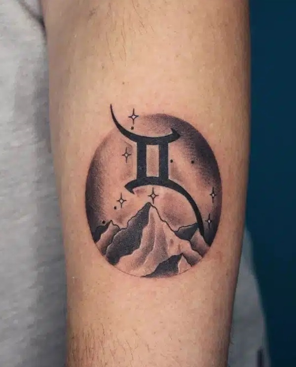 Gemini glyph with moutain and stars tattoo