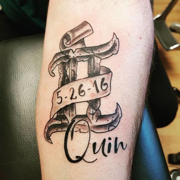Gemini glyph with name and date tattoo