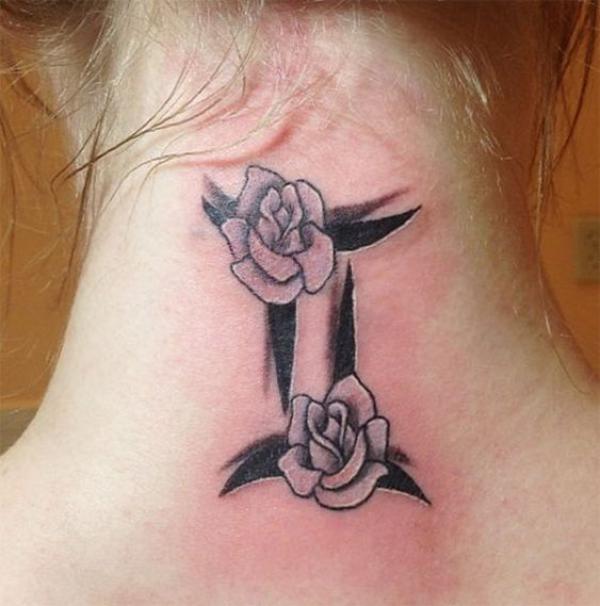 Gemini glyph with roses tattoo on back of neck