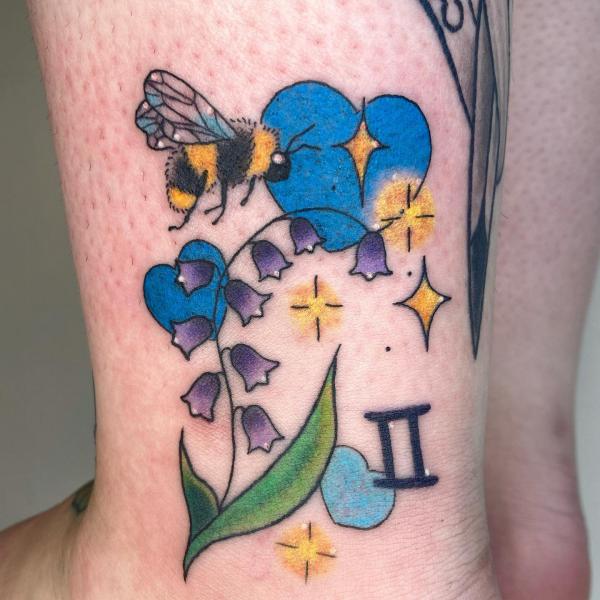 Gemini heart with lily of the valley and bee tattoo