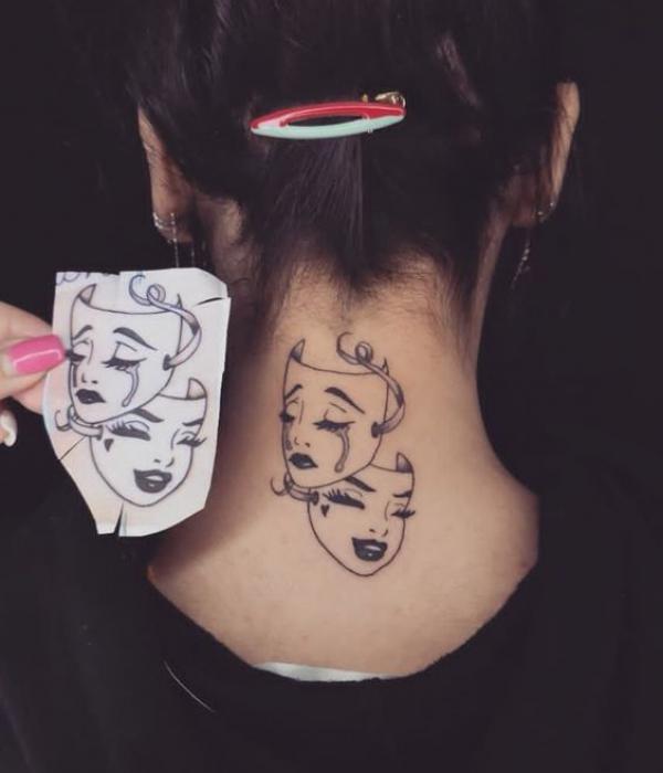 Gemini smile now cry later neck tattoo