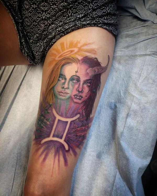 Gemini twin girls thigh tattoo
