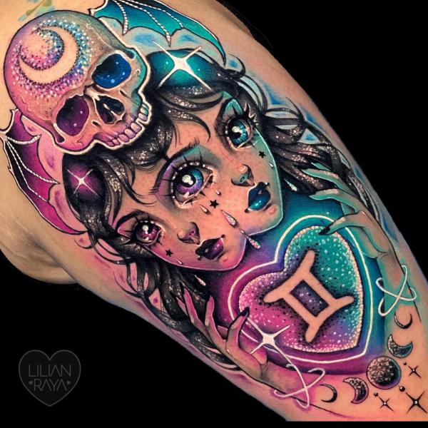 Gemini twin girls with skull tattoo