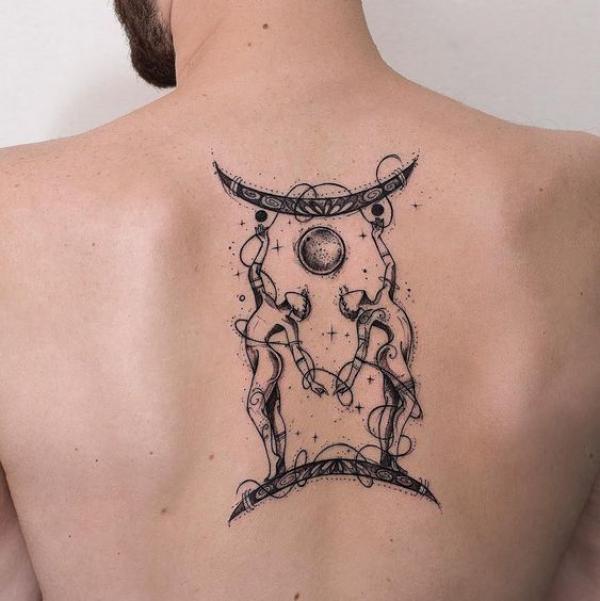 Gemini twin glyph back tattoo