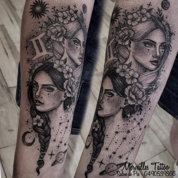 Gemini twin sisters with sun and moon tattoo