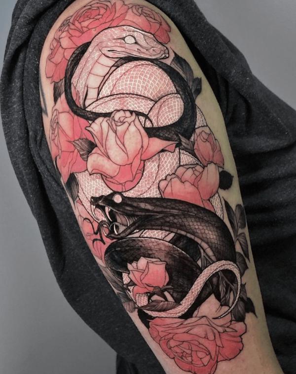 Gemini twin snakes with pink roses tattoo