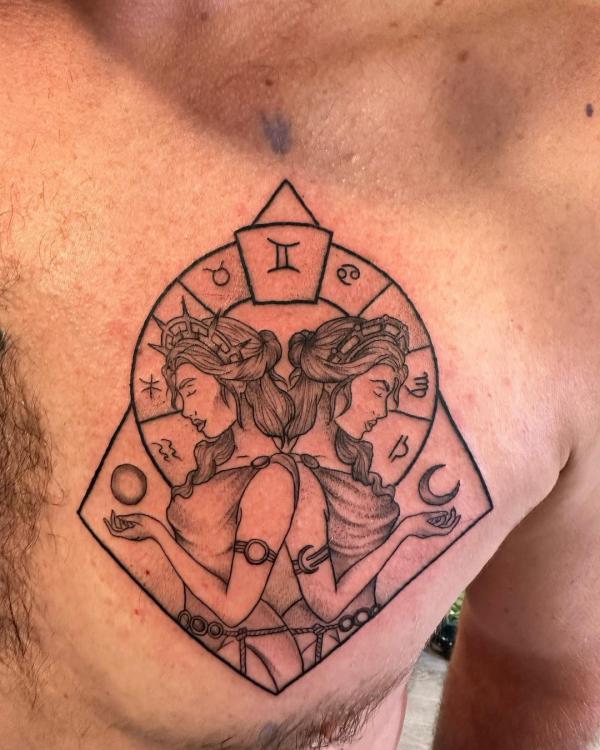 Gemini twin with Zodiac compass tattoo