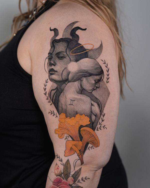 Gemini twin with flower half sleeve tattoo