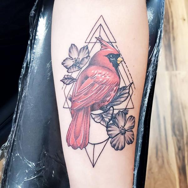 Geometric cardinal and dogwood flower tattoo