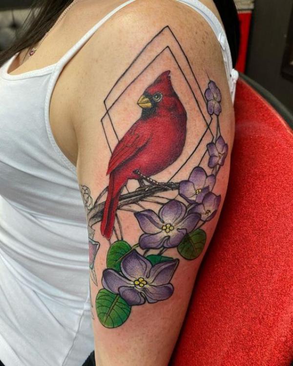 Geometric cardinal half sleeve tattoo