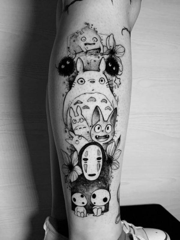 Ghibli Calcifer No Face Totoro jiji tattoo on forearm
