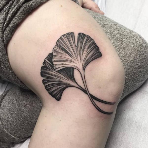 Ginkgo Leaf Tattoo on the side of knee