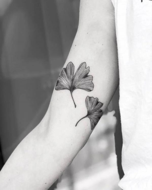 Ginkgo leaf bicep tattoo black and white