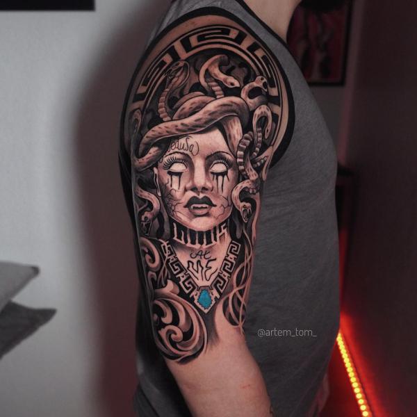 Greek Key and Medusa half sleeve tattoo