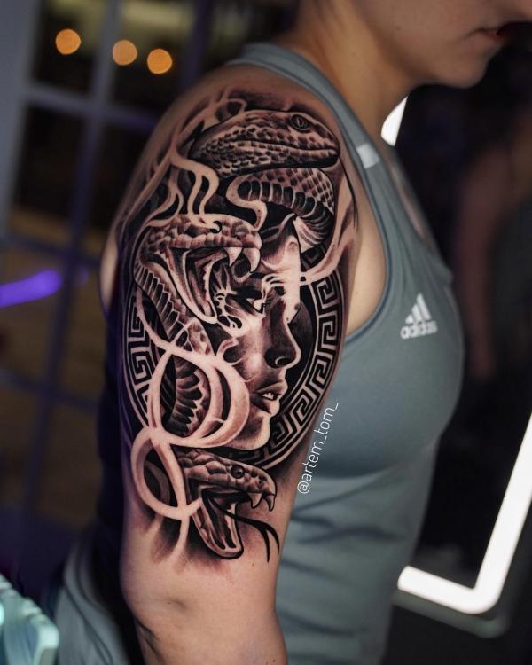 Greek key and Medusa tattoo half sleeve