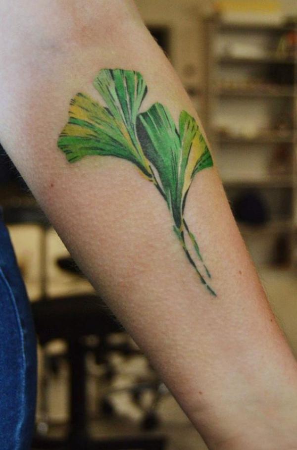 Green ginkgo leaf forearm tattoo