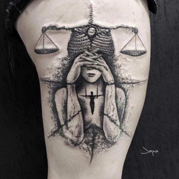 Greyscale lady libra tattoo