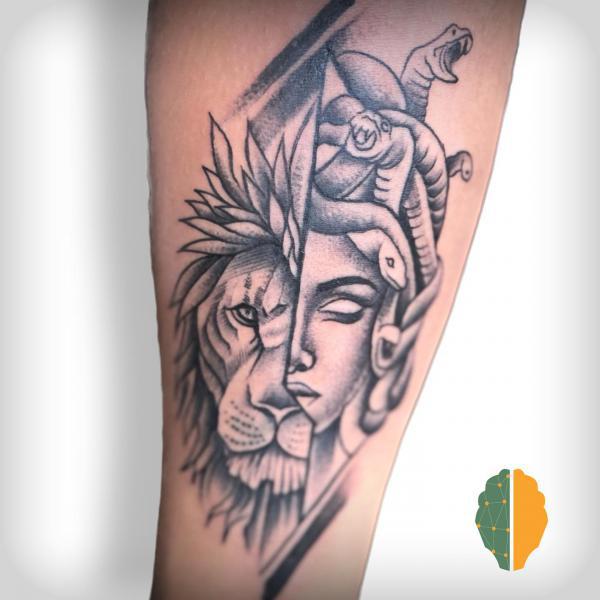 Half Medusa half lion tattoo