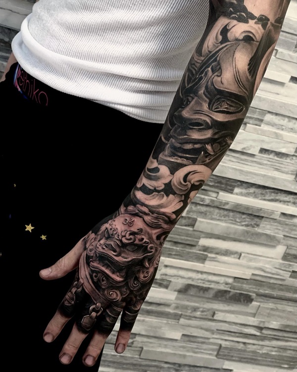 Hannya and foo dog tattoo sleeve