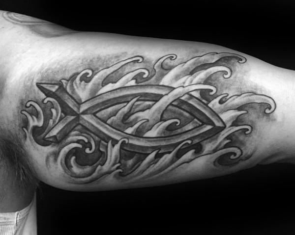 Ichthys in wave christian tattoo