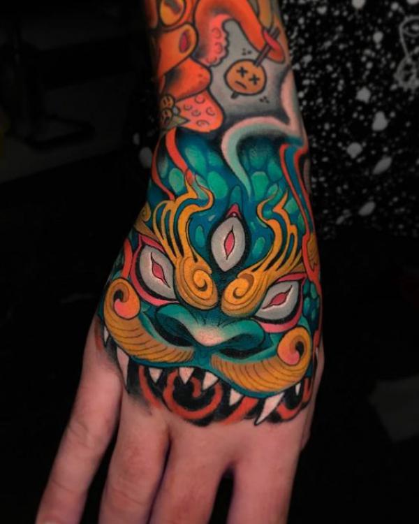 Japanese Traditional Foo dog hand tattoo