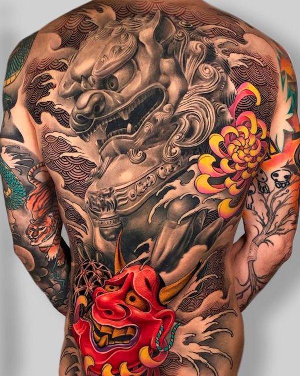 Japanese foo dog and Hannya full back tattoo